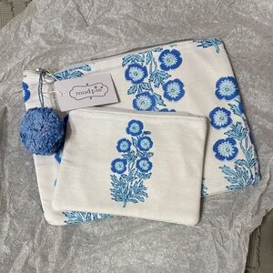 New Mud Pie White and Blue Floral Pouch Duo